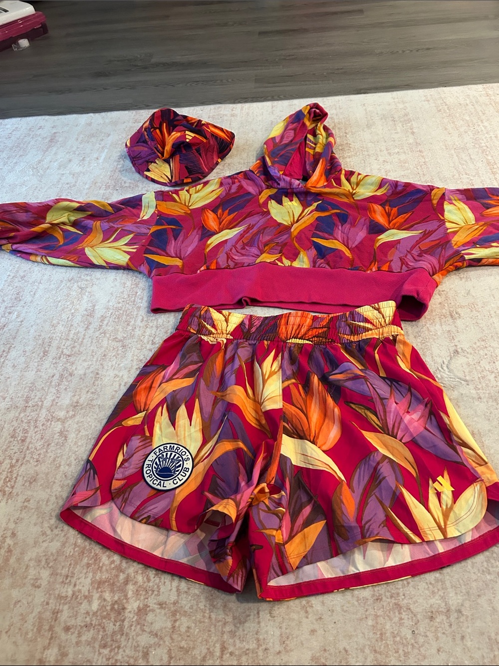 Tropical Floral Cropped Hoodie & Shorts Set - Pink Orange Purple farm rio